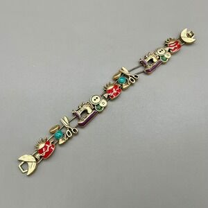 Vintage Bracelet Sewing Charm Gold Tone Enamel Machine Scissors Buttons 8.25"